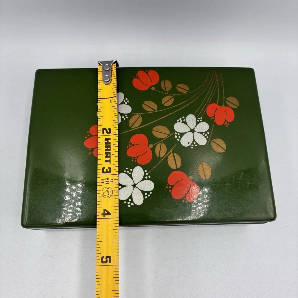 Vintage Hand Painted Red Velvet Lined Jewelry Box Keepsake Box Floral